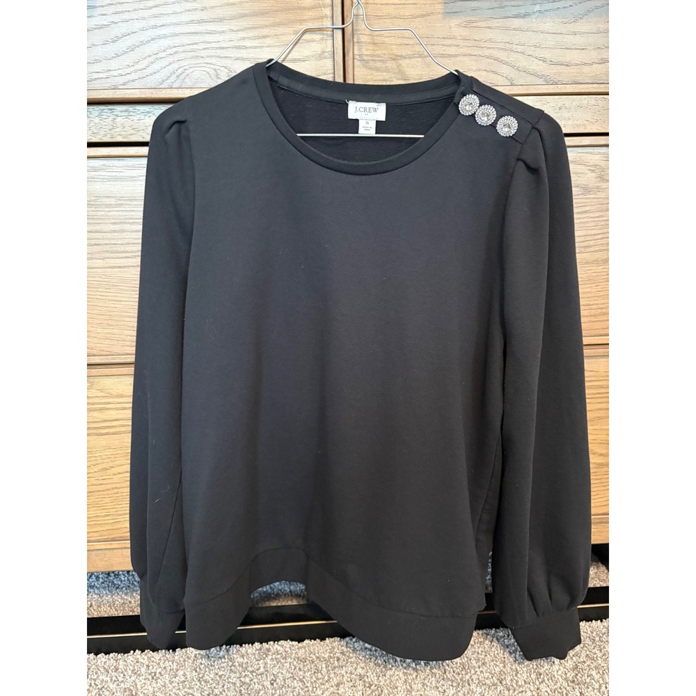 J.Crew Black Rhinestone Button Shoulder Puff Sleeve Sweatshirt Womens Small